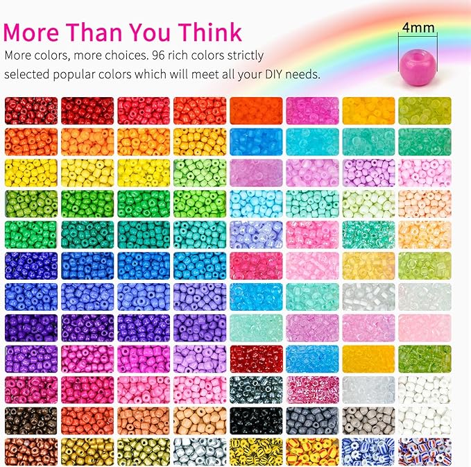 4mm Glass Seed Beads Friendship Bracelet Kit, 15500pcs 96 Colors 6/0 Small Beads for Bracelet Making Kit with String Cords Letter Charms Waist Beads for DIY Jewelry Making Crafts Kits