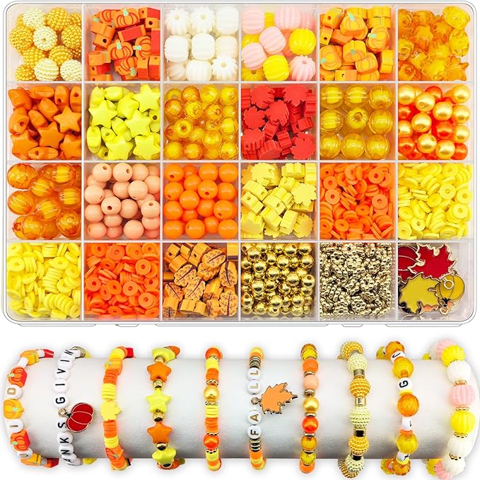 1470Pcs Fall Bracelets Kit - Thanksgiving Fall Beads for Jewelry Making - Autumn Maple Leaf Pumpkin Clay Beads Pearl Star Round Loose Spacer Heishi Beads for Necklace Earrings DIY Craft