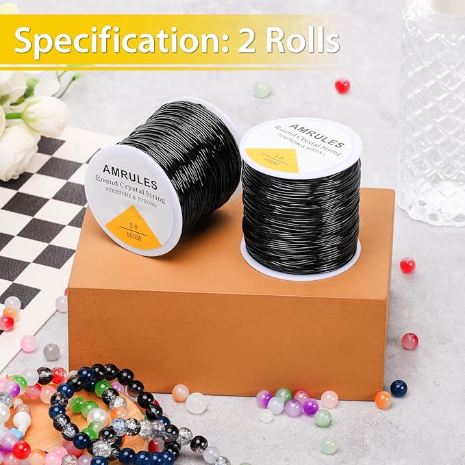 2 Rolls 1mm Elastic String for Bracelets, 656 Feet Crystal Stretchy String Clay Bead Cord for Bracelet Beading Necklace Jewelry Crafts Making, Black