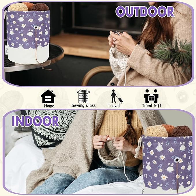Small Crochet Bag Organizer, Drawstring Storage Knitting Bags, Portable Mini Rabbit Yarn Holder for Crocheting Project, Store Skein Ball, Needles Accessories