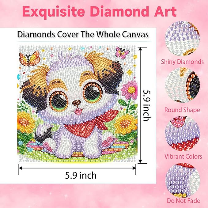Dog Diamond Art Painting Kits for Kids with Frame, Animal Diamond Art for Kids Ages 4-8-12 with Frame, Easy Small Cute Gem Painting Kit for Gift Home Wall Decoration (7x7 inch)