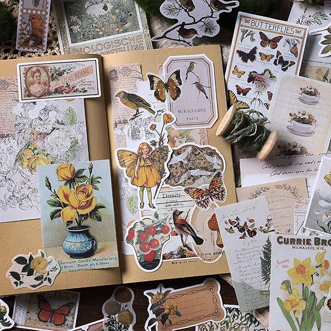 Esweny 200PCS Vintage Scrapbooking Supplies Kit for Journaling, Scrapbook Sticker Paper Pack for Junk Journal Planners Aesthetic Cottagecore Room Decor Wall Art Collage Album
