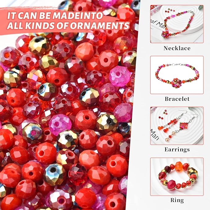 Briolette Faceted Rondelle Crystal Glass Beads for Jewelry Making-Wholesale Mix Lot 4/6/8mm DIY Crafts Spacer Beads with Container Box (Valentine's Day Gift)