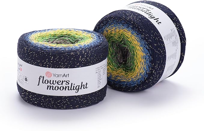 YarnArt Flowers Moonlight – Gradient Cotton Acrylic Yarn with Metallic Lurex, 9.17oz (250g), 1093 Yards – Shiny, Multicolor Cake Yarn for Crochet, Knitting, Shawls & DIY Projects (3250)