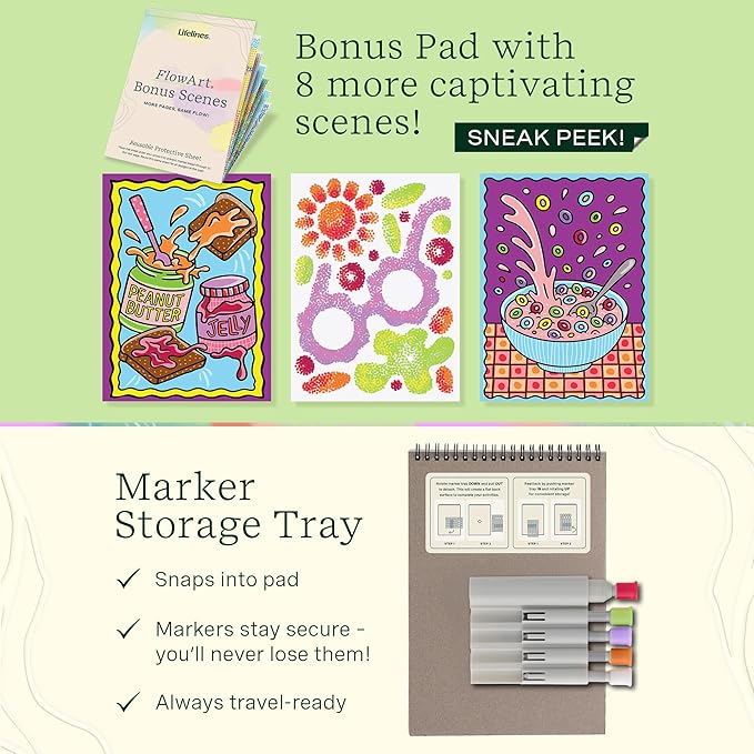 Lifelines FlowArt Activity Pads, 2-Pack & Bonus Pad - Guided Art Meditations - 2 Sets of Markers & 48 Scenes - Hidden Patterns & Pogo-Dot Coloring Books for Tweens, Adults & Seniors