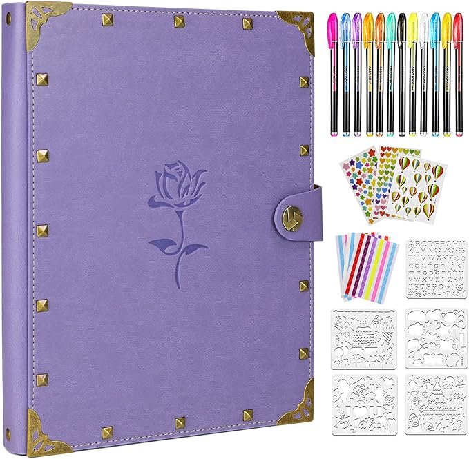 ZEEYUAN Mothers' Day Gift Leather Scrapbook Album, Purple Scrap Book Gift for Mom Grandma Couples Photo Memory Book Anniversary Wedding Scrapbook