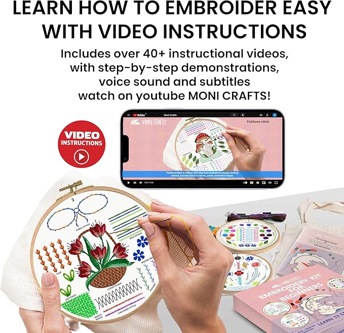 Moni Crafts Adult Beginner Embroidery Kit – 4 Pre-Printed Patterns (Flower, Mushroom, Floral, Heart) – Learn 41 Stitches, Hand Embroidery Starter Craft Set