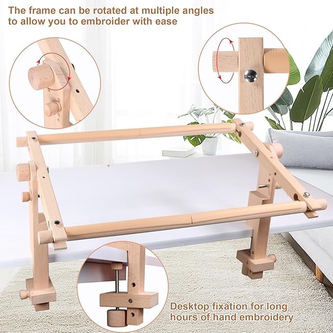 Simple Embroidery Frame and Embroidery Holder Combo Set，Beech Wood Fixable Desktop Cross Stitch Scroll Frame, Quilting Frames, Stitching Frame for Sewing, Cross Stitch, Needlepoint Holder