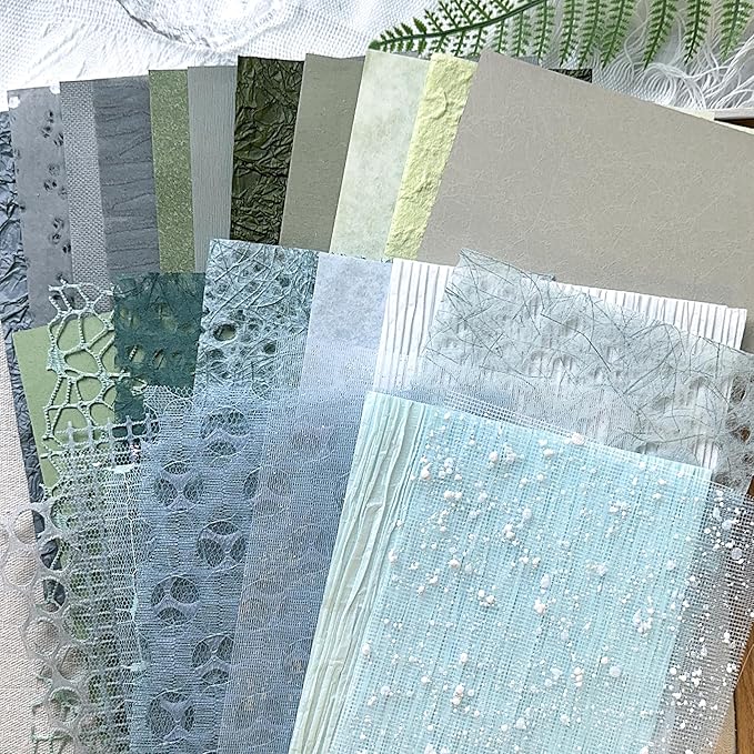 30Pcs Handmade Textured Scrapbook Paper&Mesh Fabric set - Unique A5 sheet Craft Mulberry Special Rice Paper Mix for Scrapbooking Junk Journaling Supplies Card Collage DIY Materials, 5.8x8.2 inches