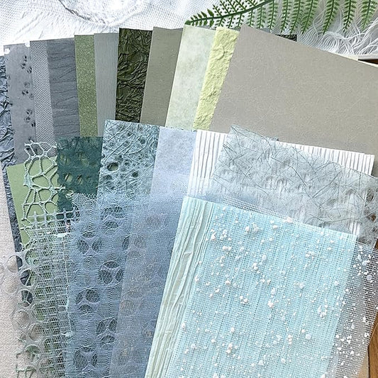 30Pcs Handmade Textured Scrapbook Paper&Mesh Fabric set - Unique A5 sheet Craft Mulberry Special Rice Paper Mix for Scrapbooking Junk Journaling Supplies Card Collage DIY Materials, 5.8x8.2 inches