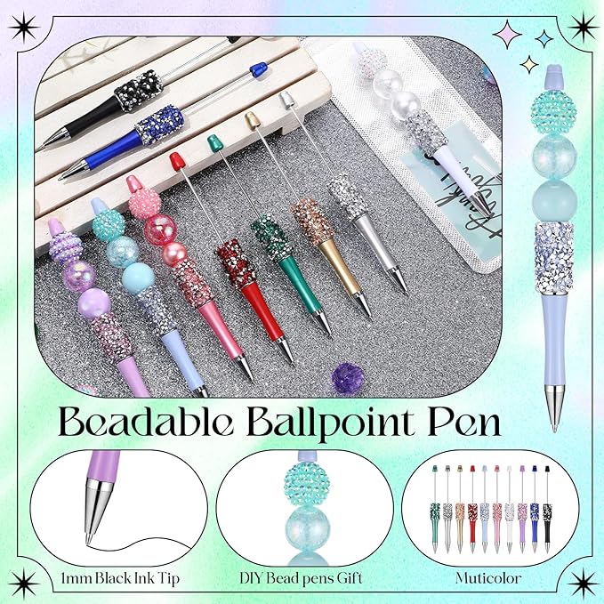 40 Pcs DIY Beaded Pens Kit, 10 Rhinestone Glitter Beadable Pens with Refills & Bags & Card (Beads Not Included) for Cute Craft Gifts Making School Supplies Office Accessories(Mini Beads)