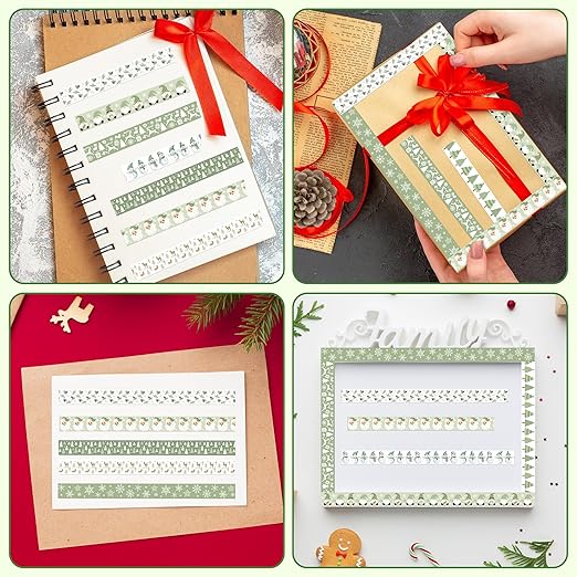 Sage Green Washi Tape - 12 Rolls Christmas Sage Design, Acid Free Residue Free Adhesive Easy Tear DIY Art Crafts for Christmas Gift Wrapping, Scrapbook, Journal Decor, Holiday Projects