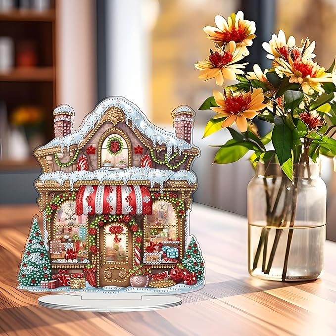 JJFox DIY 5D Tabletop Diamond Art Painting Kit， Desktop Ornament Special Shaped Rhinestone Desk Placement Ornament，Home Stand Up Gem Painting Craft Kit，Gift (Christmas House)