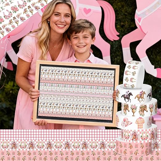 Pink Kentucky Derby Washi Tape - 12 Rolls Horse Racing Rose Horseshoe Gingham Pattern Acid Free Repositionable Adhesive for Scrapbooking Gift Wrapping Journaling Party Decor DIY Crafts
