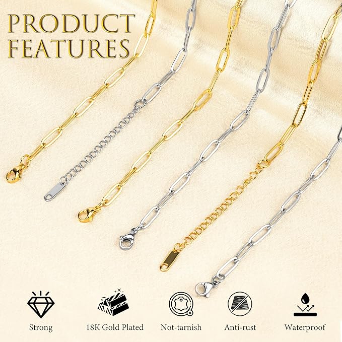 Starry 12 PCS Charm Bracelet Kit 18K Gold Plated Charm Bracelet Making Kit 6.3Inch Paperclip Chains Bracelets with Lobster Clasps Extender Chain DIY Adjustable for Jewelry Making (Gold & Silver)