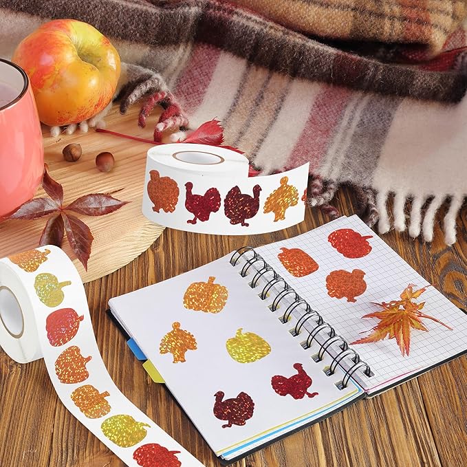 beyumi thanksgiving pumpkin turkey stickers - 1000pcs fall thankful laser pumpkin turkey stickers in 2 rolls holographic sparkly glitter autumn harvest adhesive decal gift party laptop decor for kids