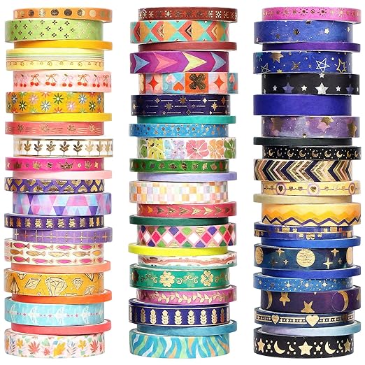 66 Rolls Gold Foil Washi Tape Set - Decorative Washi Stickers, Colored Tape, Cute Washi Tapes for Journaling Supplies, Scrapbooking Supplies kit, Junk Journal, Craft Supplies