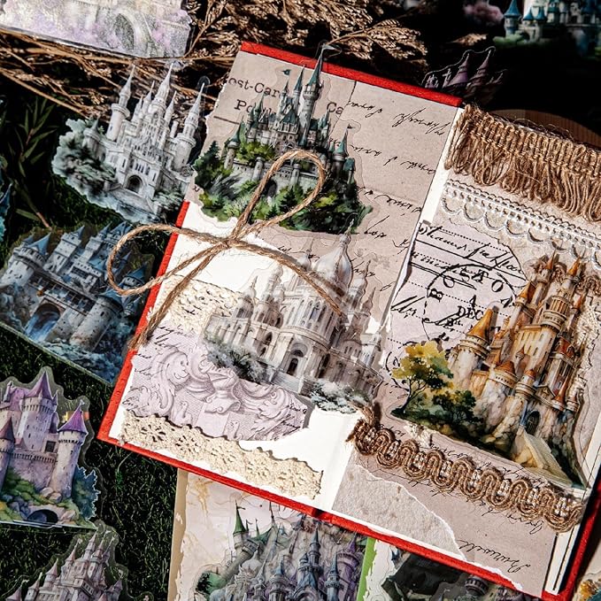 80 Pieces Aesthetic Gothic Magic Castle PET Sticker Set, 4 Pack Fantasy Castle Stickers for Scrapbooking, Journaling, Waterproof DIY Crafts, and Junk Journal Supplies