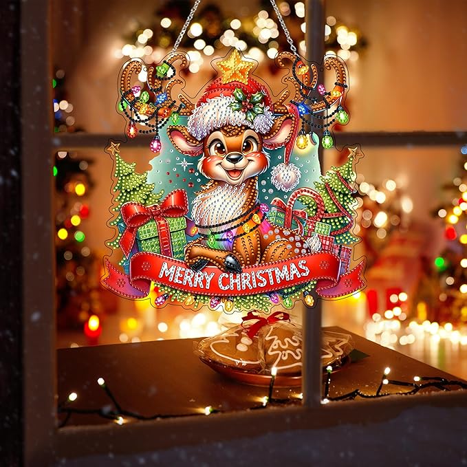 DIY Acrylic Diamond Art Painting Wreath Kits Special Shaped Rhinestone 5D Diamond Art Window Pendants Home Garden Wall Hanging Kits Hanging Ornament (Merry Christmas)