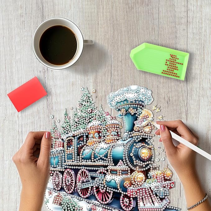 SENQAO Christmas Diamond Art Hanging Kits for Adults Kids, Christmas Train Diamond Art Suncatchers, 5D Special Shape Diamond Painting Pendant Window Ornament Gifts for Home Door Wall Decor