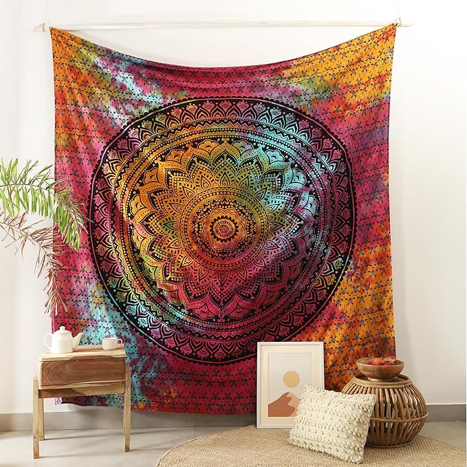 popular handicrafts queen mandala hippie hippy tie dye psychedelic ombre tapestry wall hanging - indian maditation gypsy bohemian dorm room decor multicolor black 81x88 inch