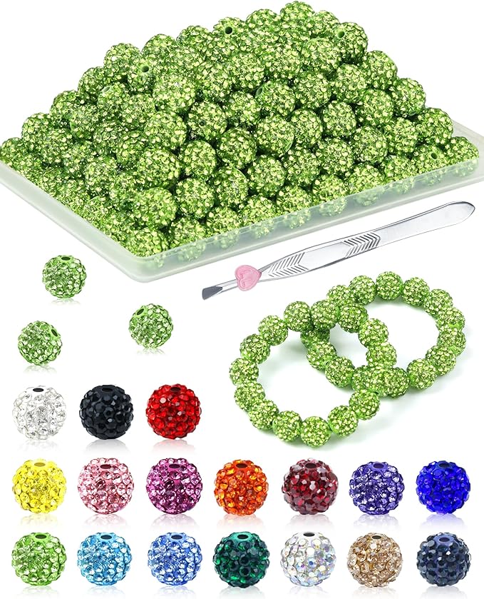 120PCS FIVEIZERO Rhinestone Beads for Jewelry Making, 10mm Light Green Shiny Round Sparkle Crystal Clay Bead Bulk Sparkly Baseball Necklace Beads for Bracelets and DIY Crafts