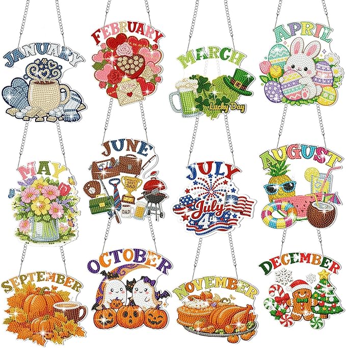 Cinnvoice 12 Pcs Seasonal Diamond Art Wreath Kits Holiday 5d DIY Diamond Art Hanging Signs Winter Spring Ornaments for Wall Door Decoration (Month)