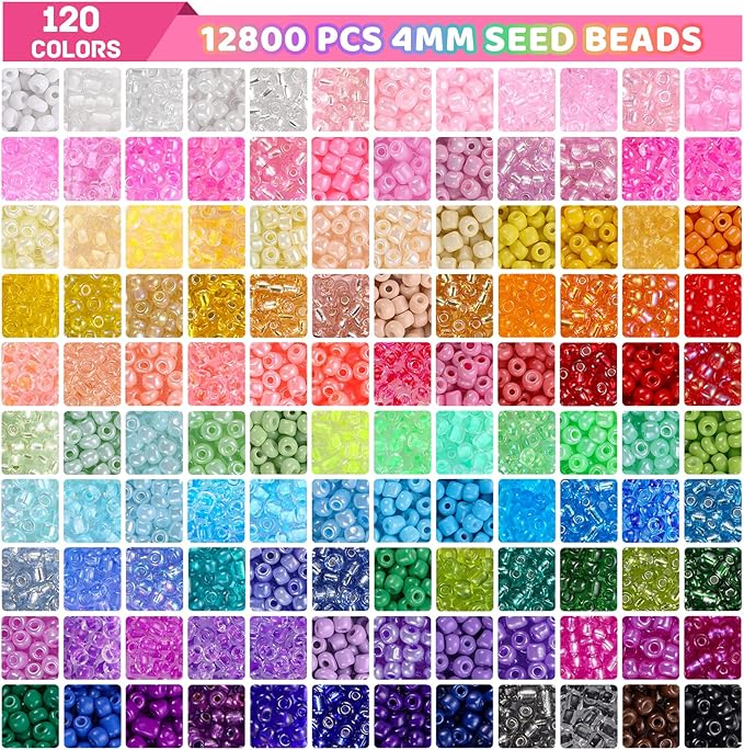 Funtopia 13000pcs 4mm Seed Beads for Jewelry Making, 5 Types 120 Colors Small Glass Beads for Bracelets, Friendship Bracelet Kit with Alphabet Letter Beads, Smile Face Beads for DIY, Art and Craft