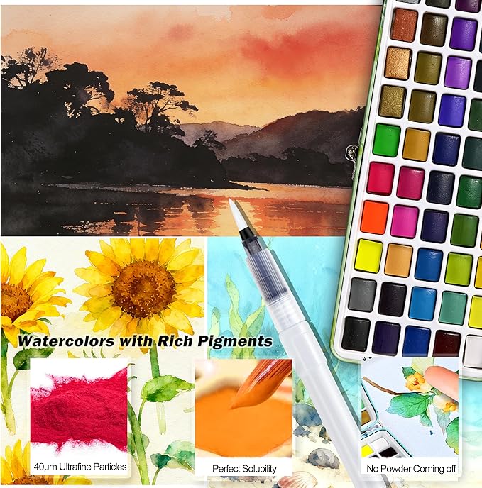 Caliart Watercolor Paint Set, 50 Colors Portable Water Color Palette Kit with Detail Paint Brush, Art Supplies Gifts for Adult Professional Artist Painting Coloring, Easter Basket Essentials Stuffers