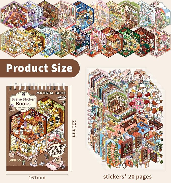 DIY 3D House Stickers,20 Sets Fun DIY Stickers Scene Make Your Own Mini House Cute Cartoon Animal Scene Sticker for Kids Adult Sticker Art Relief Stress Pass The Time Holiday Christmas Fun