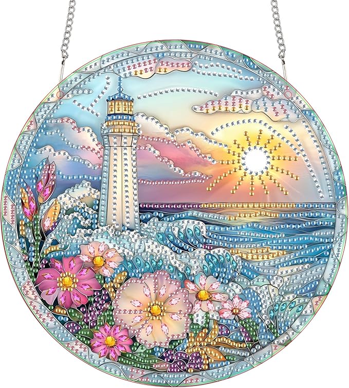 SKRYUIE Lighthouse Hanging Diamond Art Kits for Adults Pendant Suncatcher, Special Shaped Crystal DIY Pearl Diamond Painting Kit, Gift for Mother Spring Summer Window Wreath Decor 7.48 x 7.32 Inch A44