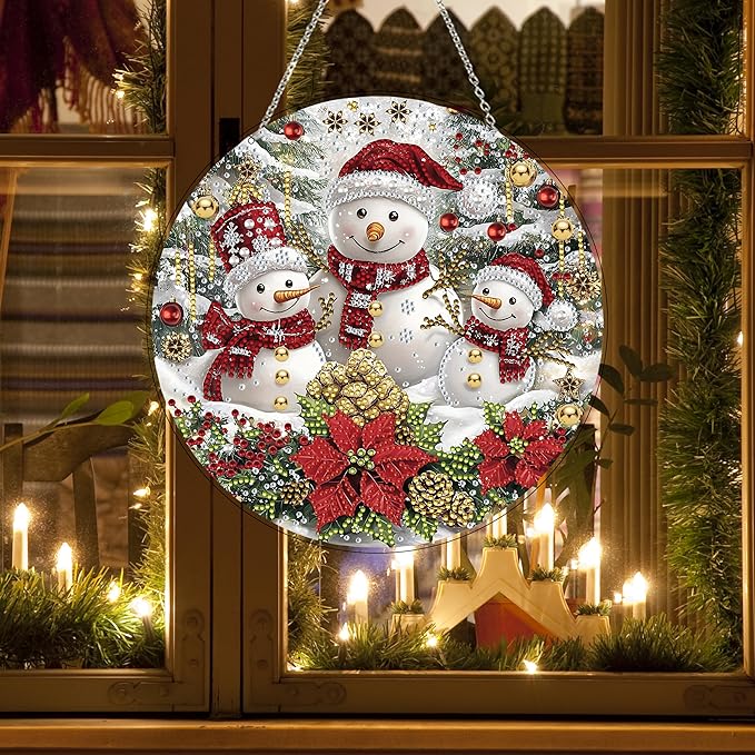 DIY Diamond Art Painting Wreath Kits，Special Shaped Rhinestone Hanging Ornament Diamond Art Window Pendants for Gift Home Garden Wall Hanging Kits,Double Sided (Christmas Snowman)