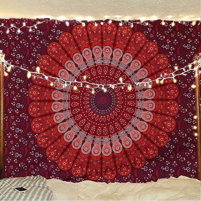 bless international handmade indian hippie bohemian psychedelic peacock mandala wall hanging college dorm beach throws table cloth bedding tapestry (blue red, twin(54x72inches)(140x185cms))