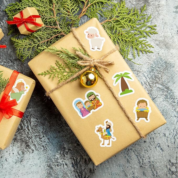 beyumi christmas nativity scene sticker - 1000pcs christmas religious stickers in 2 rolls waterproof vinyl xmas christian stickers jesus characters sheep donkey camel decals party laptop bottle decor