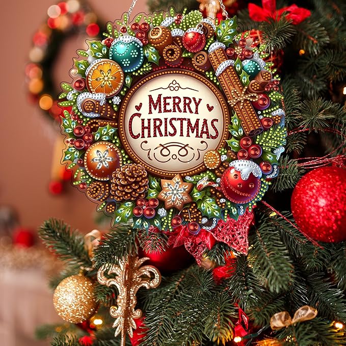 JJFox DIY Acrylic Diamond Art Painting Wreath Kits Special Shaped Rhinestone Diamond Art Window Pendants Home Garden Wall Hanging Kits Hanging Ornament (Merry Christmas)