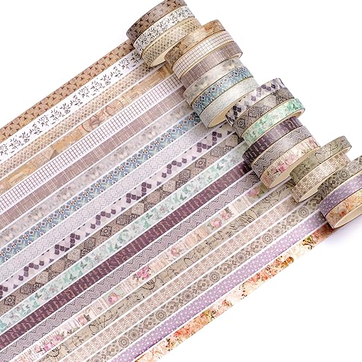 20 Rolls Skinny Vintage Washi Tape Set Retro Arts Adhesive Tapes Basic Patterns Decorative Masking Tape Sets for Craft, Kids, Scrapbook, DIY, Gift Wrapping (First Encounter)
