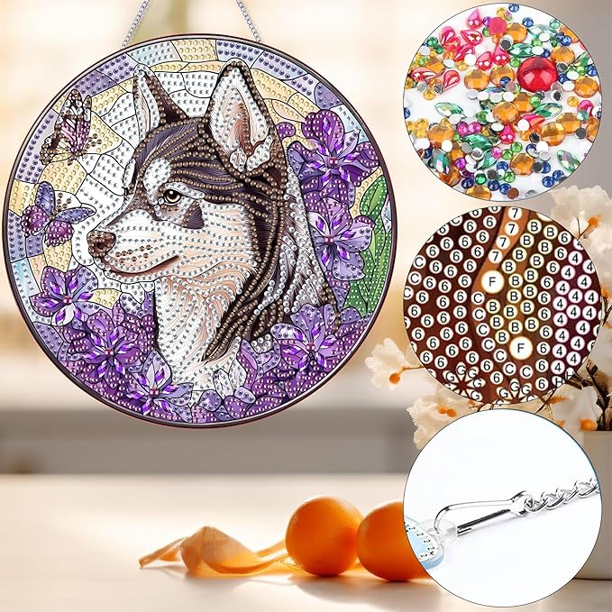 Bimkole Dog Diamond Art Hanging Kit for Adult, DIY 5D Diamond Art Animal Window Pendant, Acrylic Crystal Art Hanging Ornament Home Wall Garden Front Door Sign Outdoor Decor 7.8x7.8 Inch