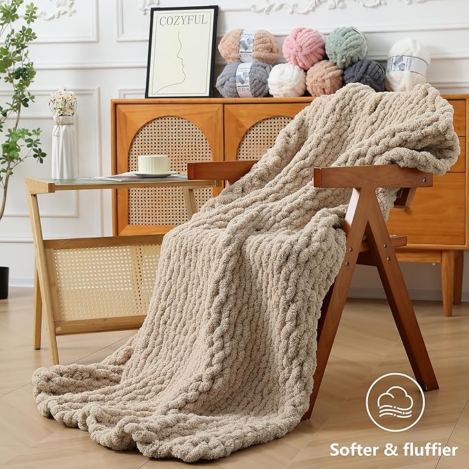 Chunky Yarn for Hand Knitting - #10 Chunky Chenille Yarn, Jumbo Big Thick Chunky Yarns for Crocheting, Super Bulky Chunky Knit Blanket Yarns, 8 Skein (25 yds 8 oz Each Skein), Khaki