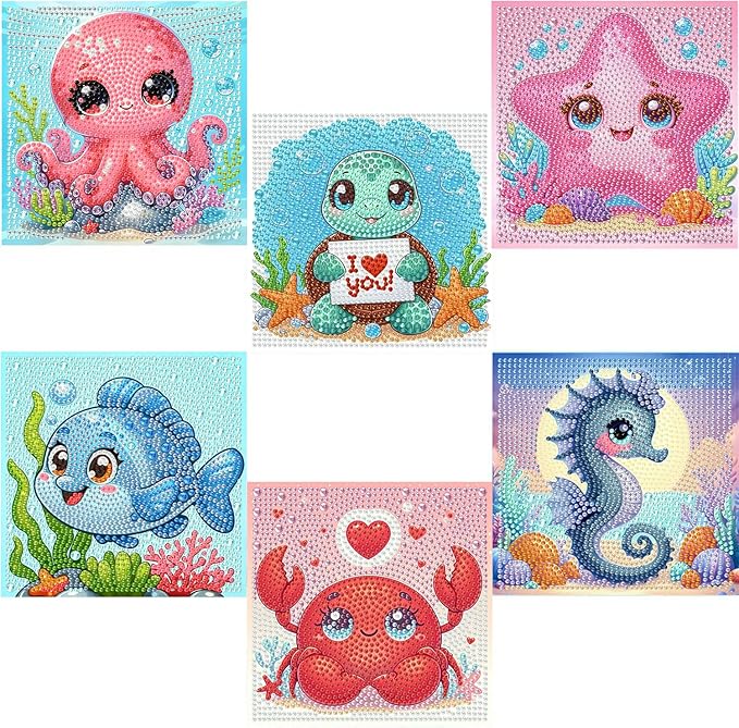 6 Pack 5D Cartoon Diamond Art Kits for Kids Ages 8-12,Cute Ocean Animals Diamond Painting for Kids Beginners,Full Drill Gem Art for Kids DIY Crafts for Girls 8-12,Gifts for 6 7 8 9 10 Year Old Girls