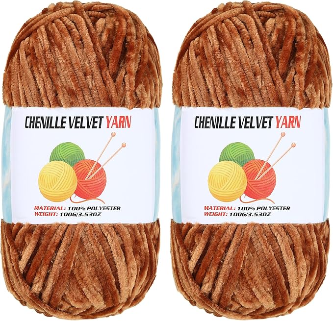 2 * 100g Velvet Chenille Chunky, Handcrafts Weaving Soft Chenille Yarn for Crocheting Clearance, Used for Making Baby Yarn Blanket, Clothes, Knitting Creations (Coffee)