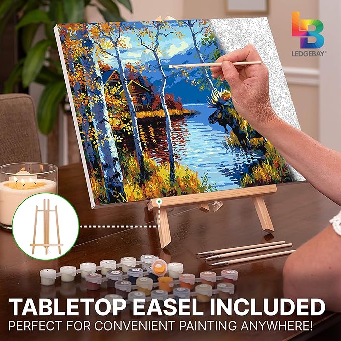 Ledgebay DIY Paint by Numbers Kit for Adults Framed Canvas Beginner to Advanced Paint by Numbers Kit Kits Include Acrylic Paint Set Brushes Tabletop Easel (Northwoods Retreat 16" x 20" Framed)