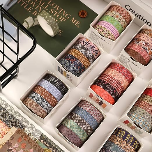 Fantasy Washi Tape Set - 5 Rolls Texture Arts Adhesive Tapes Basic Patterns Decorative Masking Tape Sets for Craft, Kids, Scrapbook, DIY, Gift Wrapping (5-Rustic Warmth)