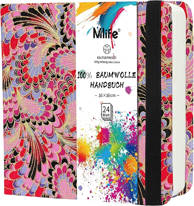 Mlife Square Watercolor Sketchbook,100% Cotton,300gsm/140lb,Acid-Free,Watercolor Journal for Artists Adults Students,6.5 * 6.5 Inch(Red Feather)