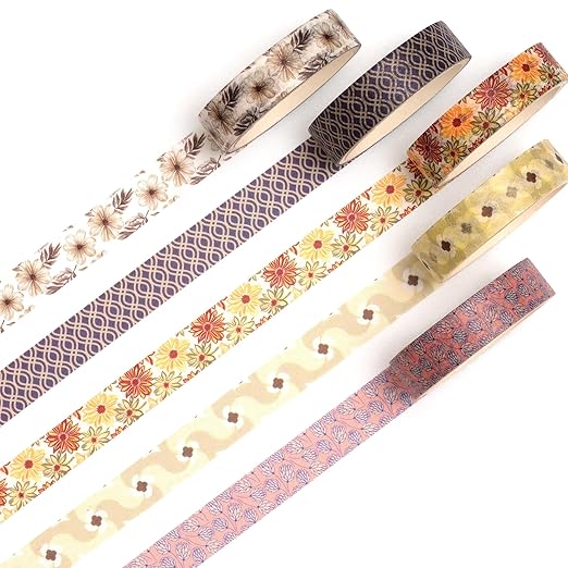 Fantasy Washi Tape Set - 5 Rolls Texture Arts Adhesive Tapes Basic Patterns Decorative Masking Tape Sets for Craft, Kids, Scrapbook, DIY, Gift Wrapping (9-Vintage Garden)