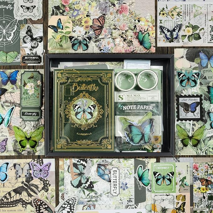scrapbook supplies kit, vintage junk journaling supplies, scrapbooking kit with aesthetic ephemera stickers, stationary set, bullet journaling kit, collage craft supplies gift for adults women starter