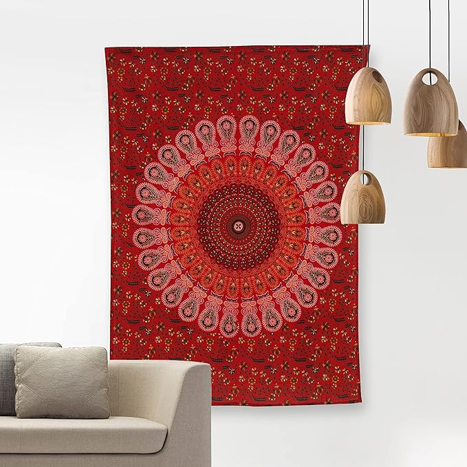 bless international handmade indian hippie bohemian psychedelic peacock mandala wall hanging college dorm beach throws table cloth bedding tapestry (golden red, poster(30x40inches)(76x101cms))
