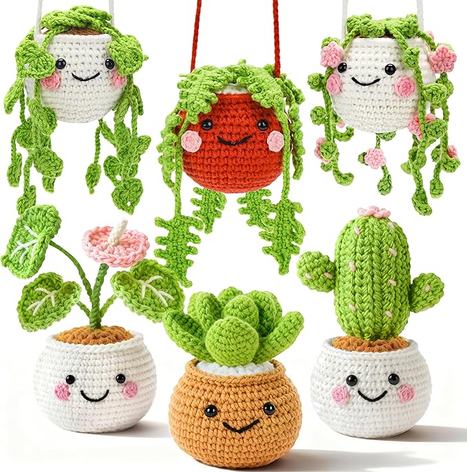 Joyclub Crochet Kit for Beginners Crochet Starter Kits for Adults and Kids Great Birthday Gifts for Crocheting Lovers with Step by Step Video Amigurumi Kit, 6 Pcs Fake Hanging Potted Plants Family