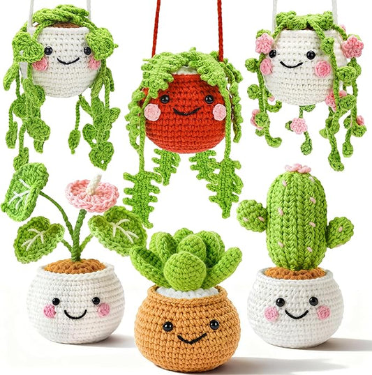 Joyclub Crochet Kit for Beginners Crochet Starter Kits for Adults and Kids Great Birthday Gifts for Crocheting Lovers with Step by Step Video Amigurumi Kit, 6 Pcs Fake Hanging Potted Plants Family