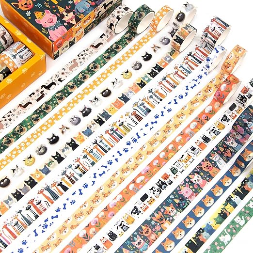 Washi Tape Set 14 Rolls, Cute Animal Decorative Tape, Cats Puppies Pugs Designs Washi Tapes for Scrapbooking Supplies, Journaling Supplies, Crafts