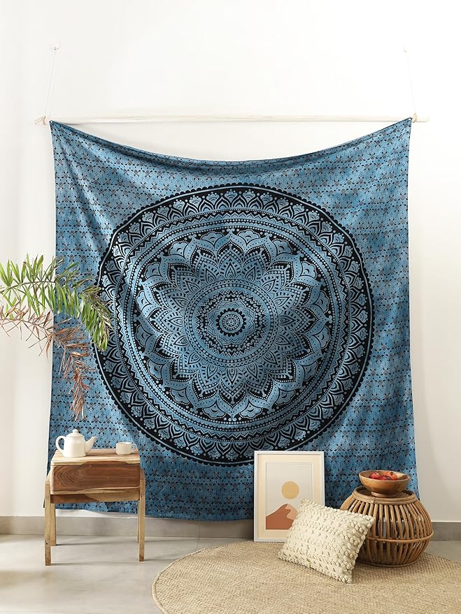 popular handicrafts queen mandala hippie tie dye psychedelic ombre tapestry wall hanging - indian maditation gypsy bohemian hippy dorm room decor blue 81x88 inch
